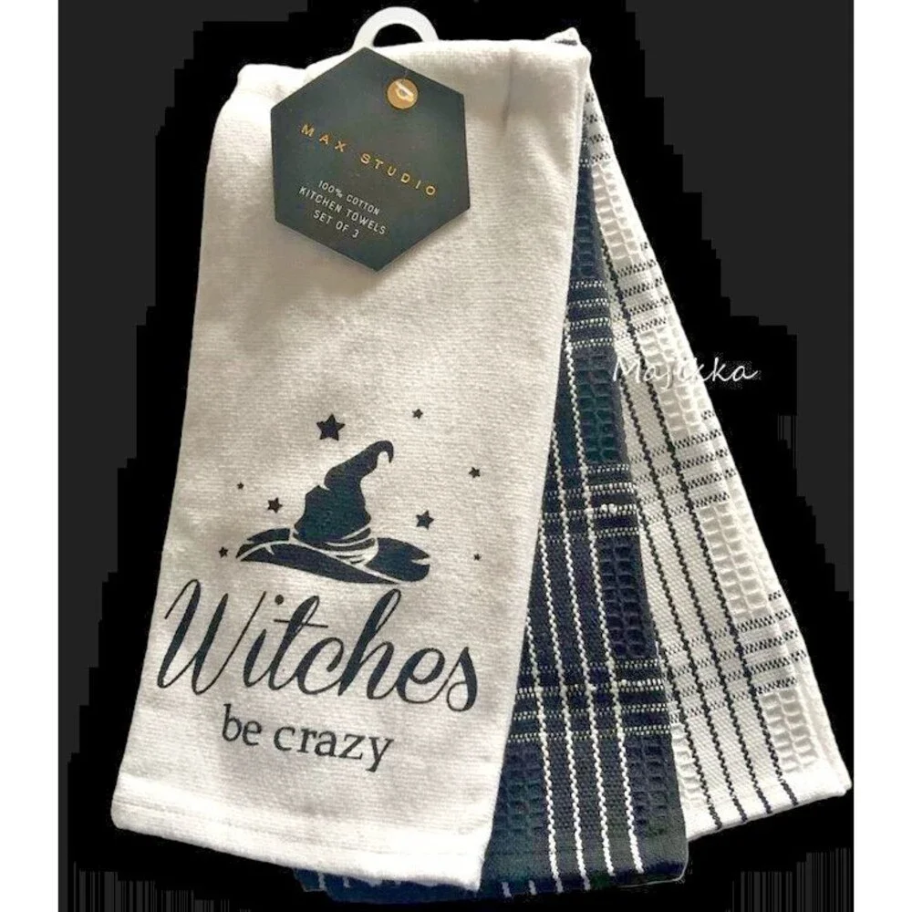 Max Studio Halloween Kitchen Dish Towels Witches Be Crazy Black White Set Of 3